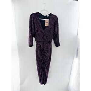 Iorane Embellished Sequin 3/4 Sleeve V-Neck Ruched Midi Dress Purple Women Small